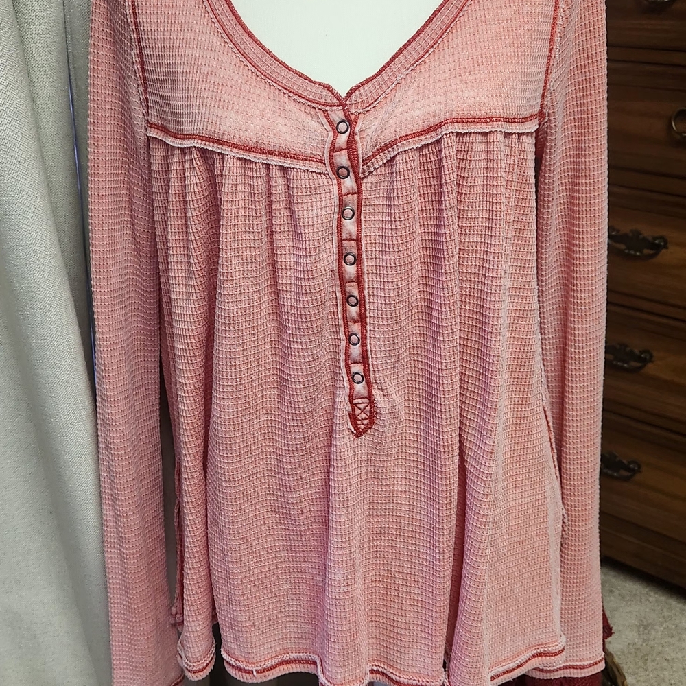Free People Red Muted Waffle Knit Blouse